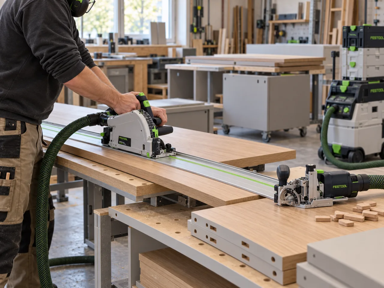 Vorbereitung von Büromöbelteilen mit Festool Tauchsäge und Verbindungssystem