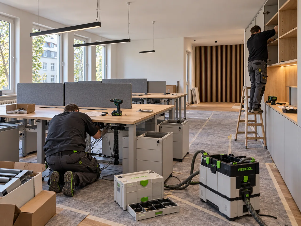Aufbau von Arbeitsplätzen und Büroschrank mit Festool Werkzeugen