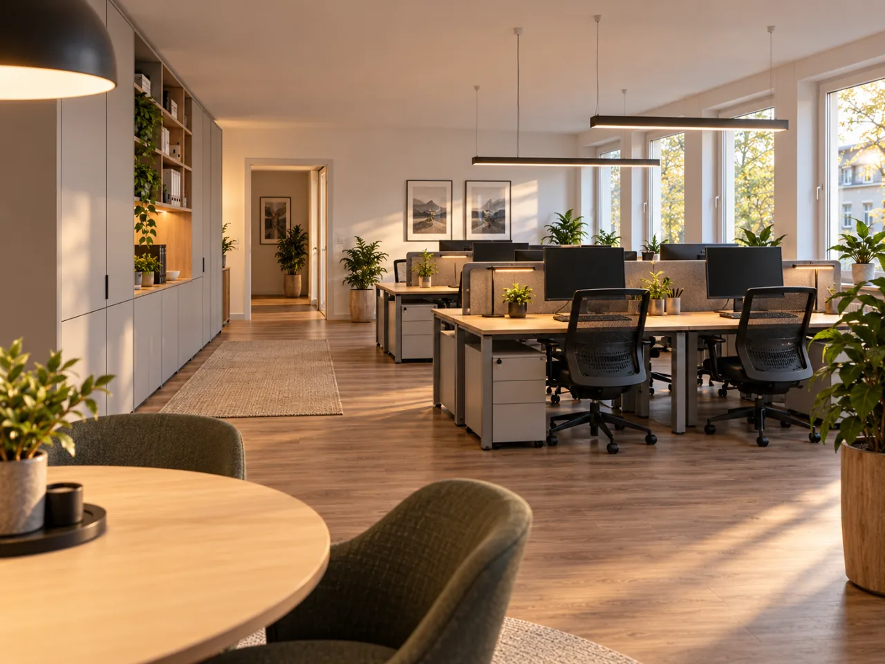 Fertiges Büro mit sechs Arbeitsplätzen und Einbauschränken