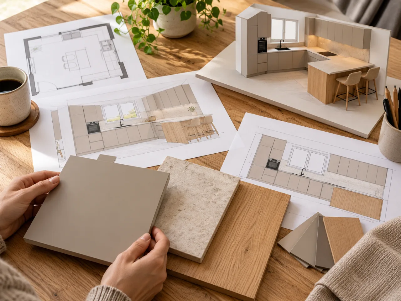 Planungsunterlagen und Materialmuster für die visualisierte Einbauküche