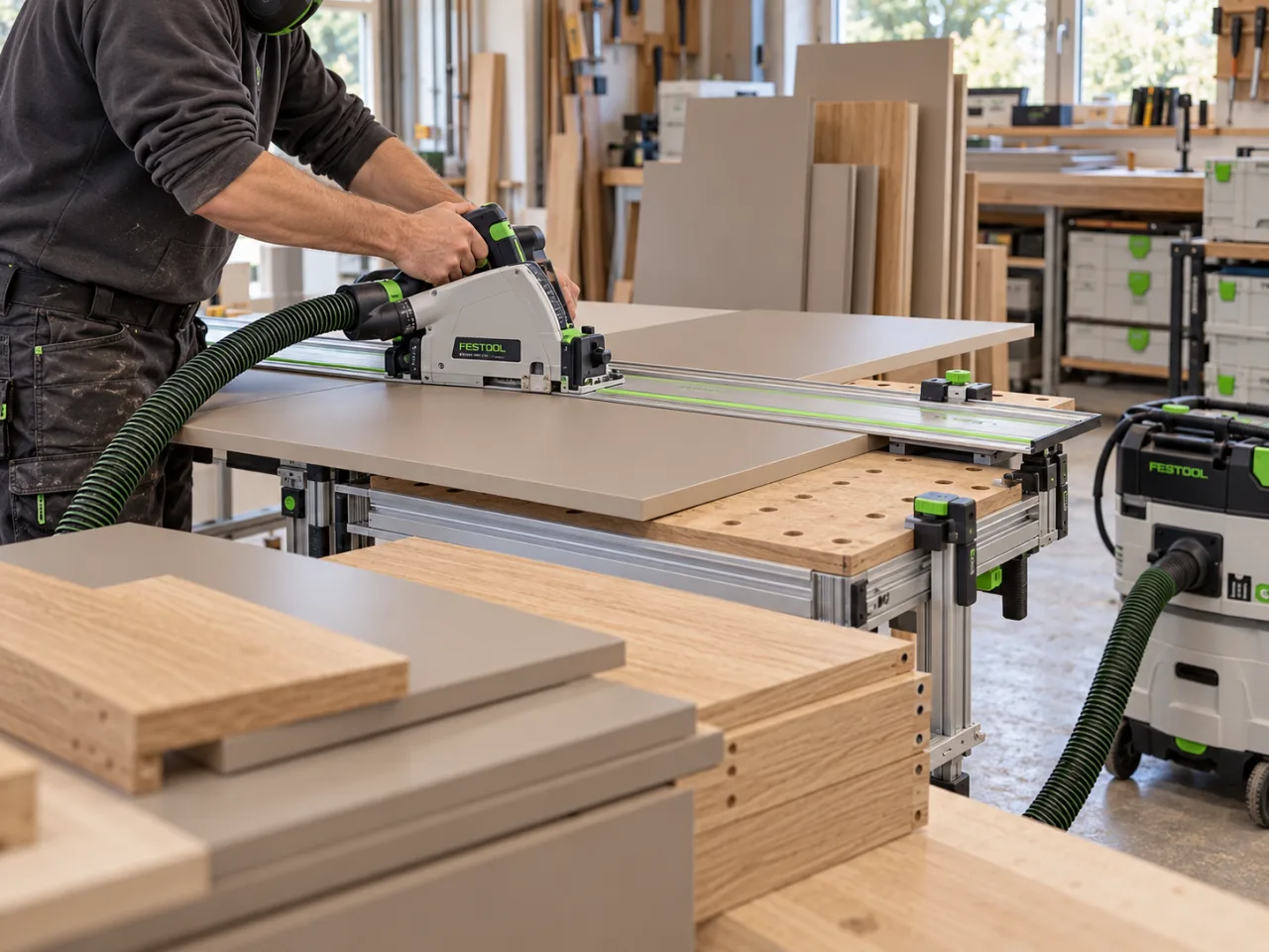 Vorbereitung von Küchenbauteilen mit Festool Tauchsäge und Absaugung