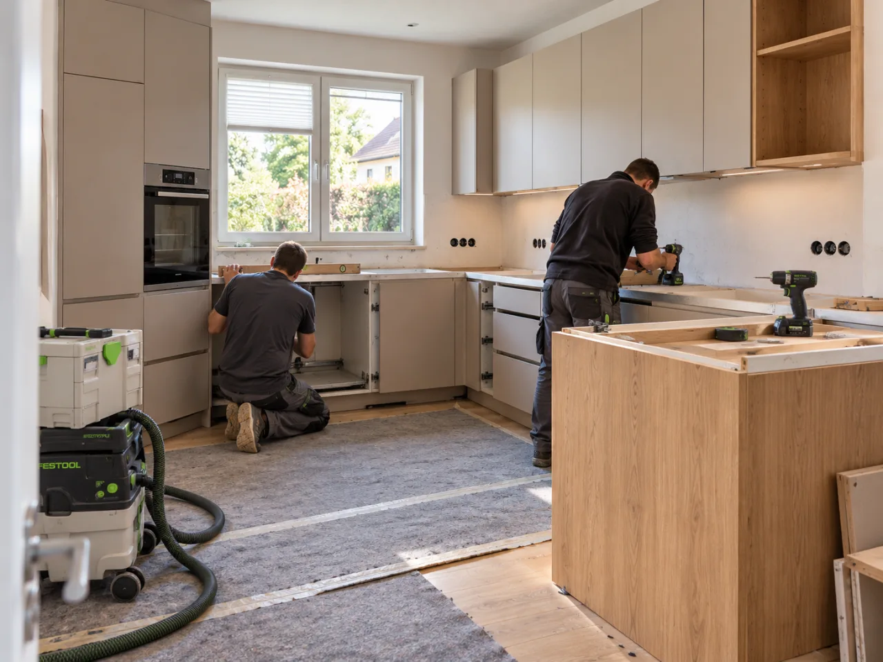 Montage der Küchenmöbel mit Festool Werkzeugen in einem deutschen Wohnraum