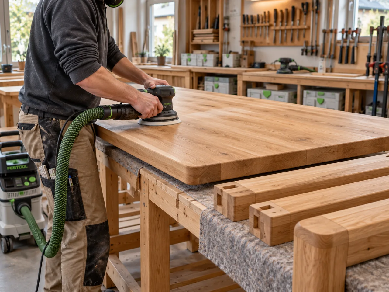 Schleifen einer Eichenplatte mit Festool Schleifgerät und Absaugung