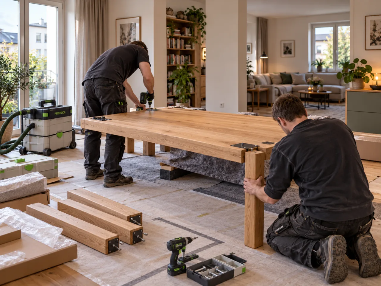 Aufbau eines Esstischs mit Festool Werkzeugen in einem deutschen Wohnraum