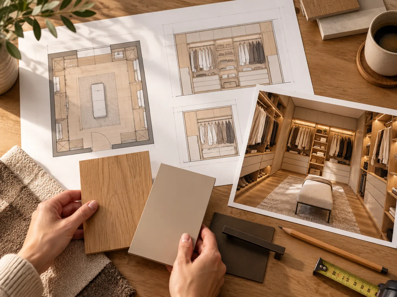 Planungsunterlagen, Materialmuster und Visualisierung für den begehbaren Kleiderschrank