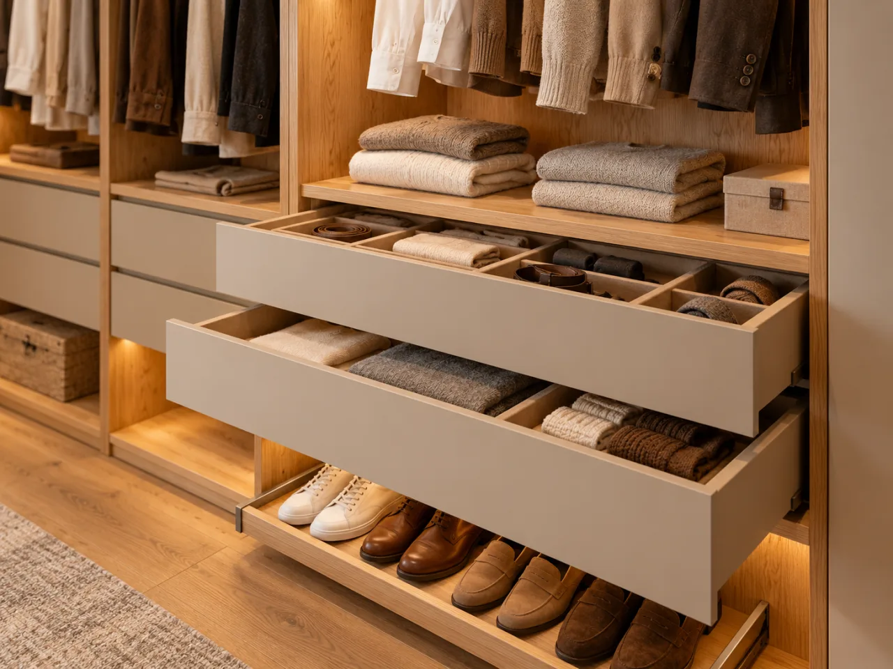 Geöffnete Schubladen, Einteilungen und Schuhablage im Kleiderschrank