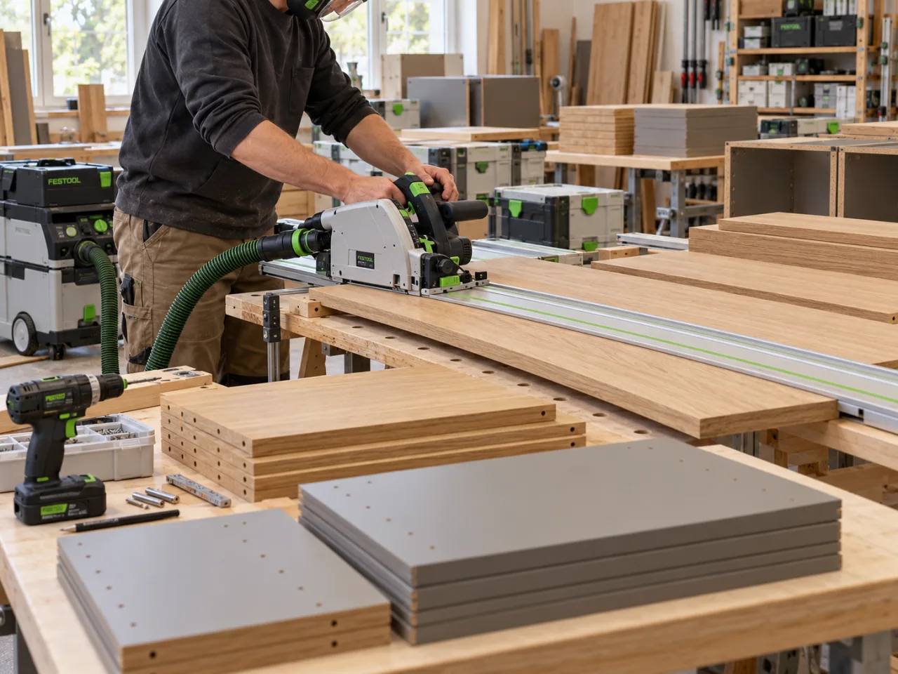 Vorbereitung von Ladenbaumodulen mit Festool Tauchsäge, Bohrer und Absaugung