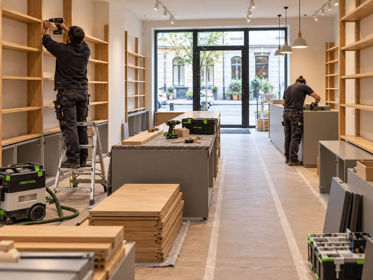 Aufbau von Ladenregalen und Kassenmöbeln mit Festool Werkzeugen