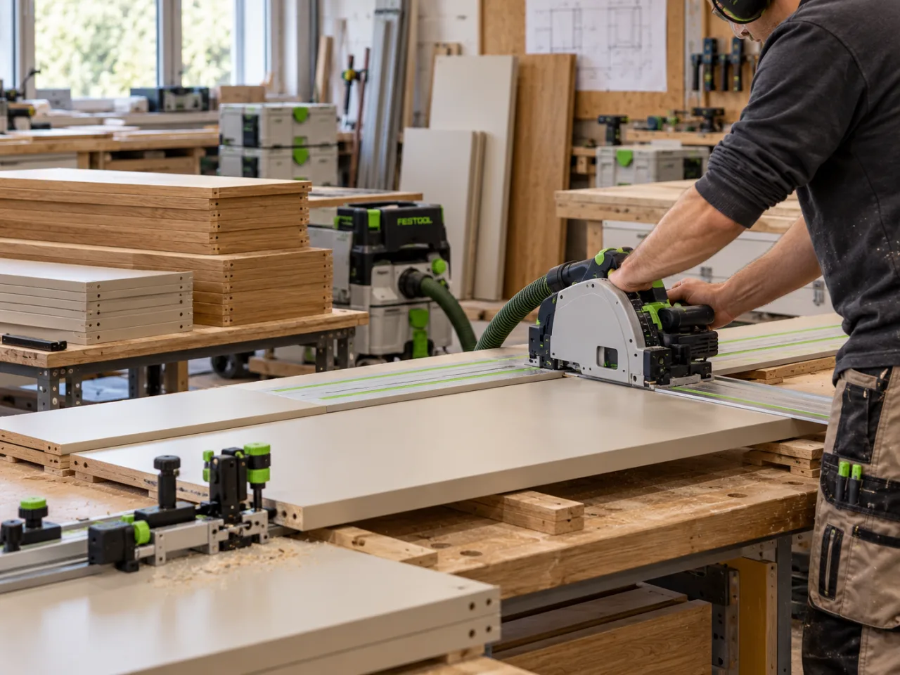 Vorbereitung von Wohnwandteilen mit Festool Tauchsäge und Absaugung