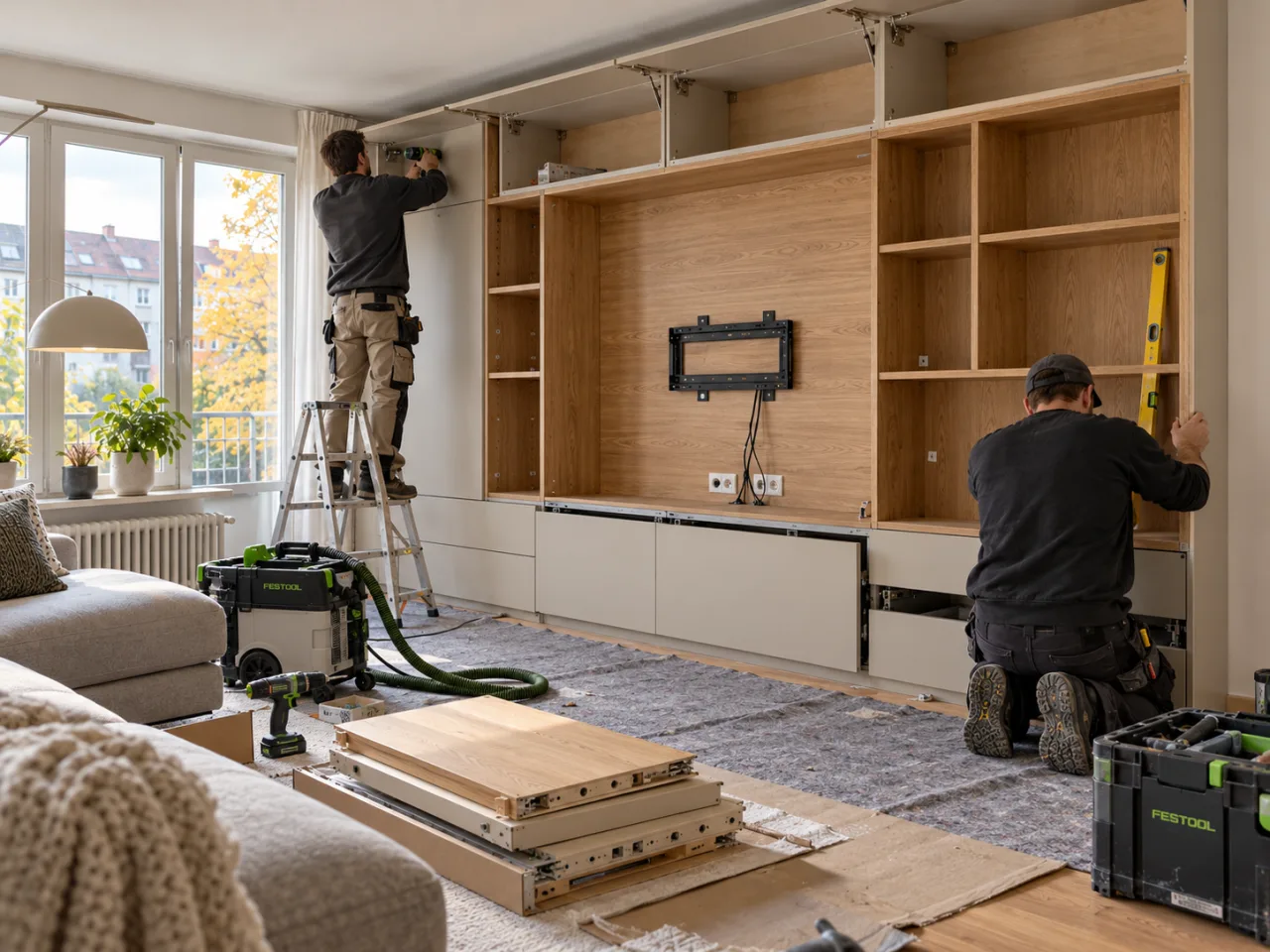 Montage einer Wohnwand mit Festool Werkzeugen in einer deutschen Wohnung