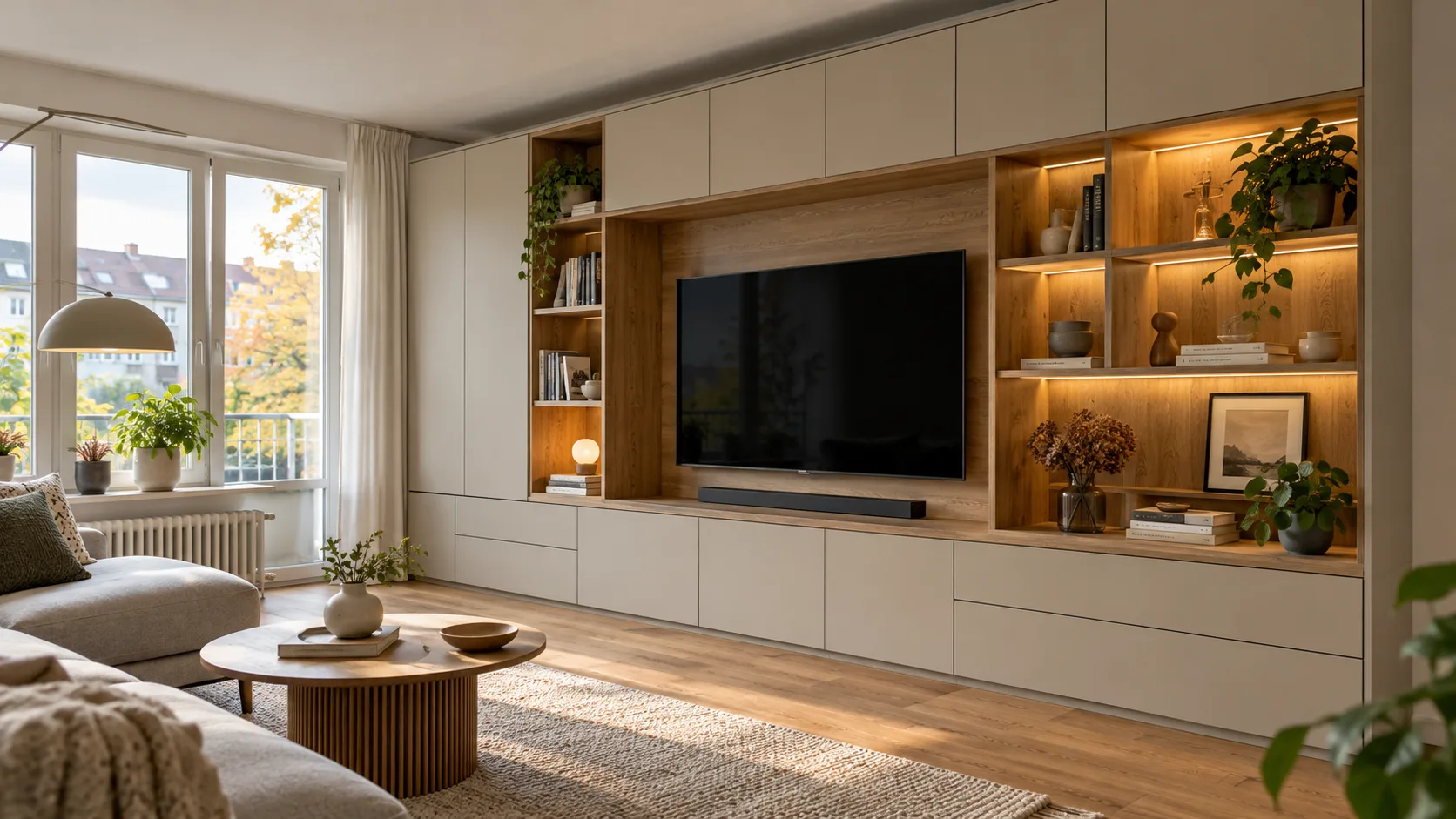 Visualisierung einer Wohnwand in einer deutschen Wohnung mit sandfarbenen Fronten und beleuchteten Eichenfächern
